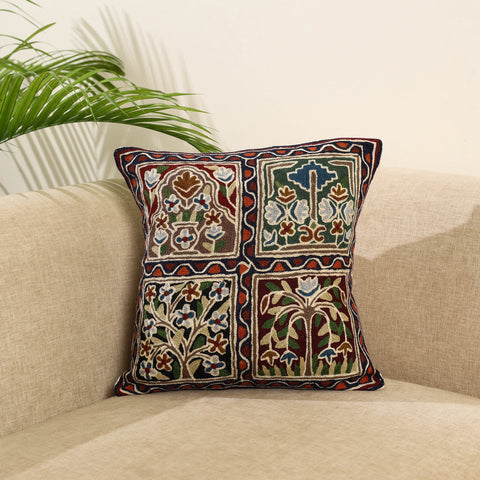 Multicolor Wool Thread Crewel Embroidery Cushion Cover