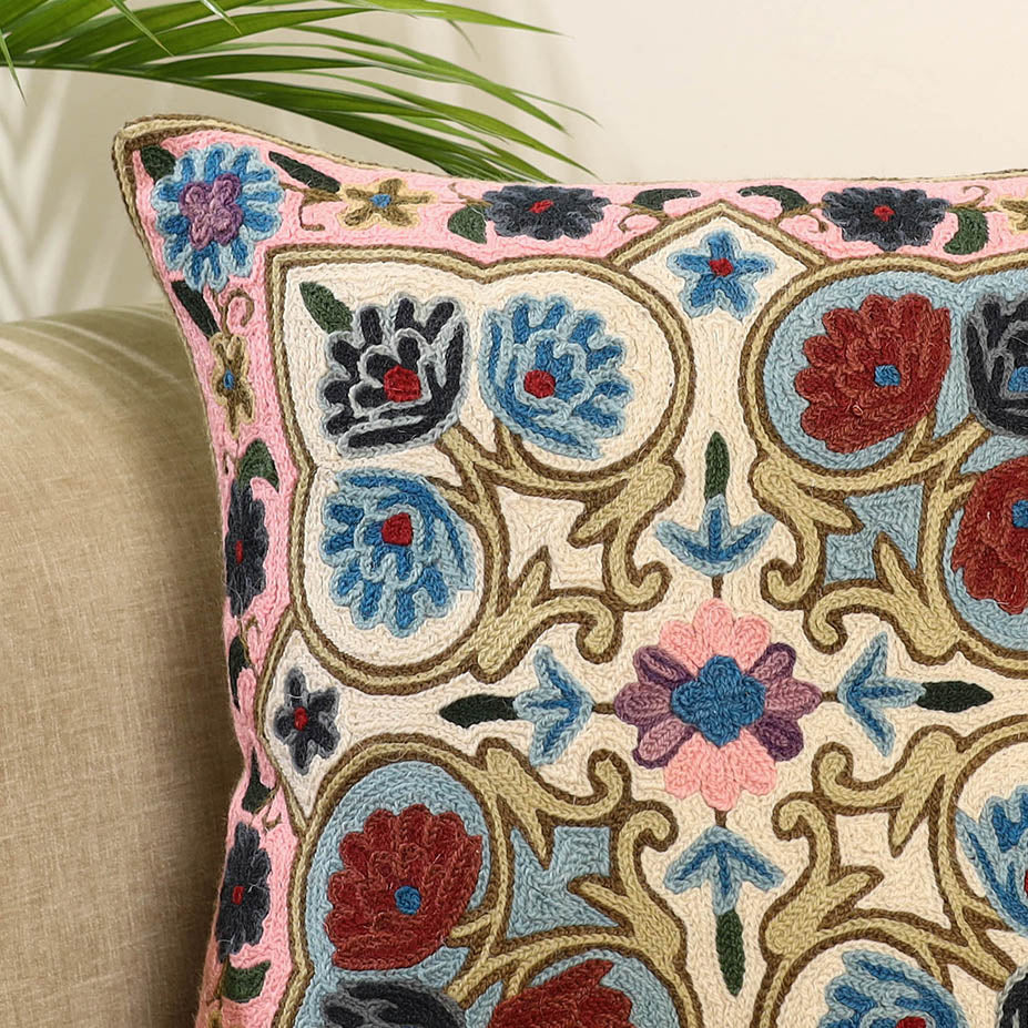 Multicolor Wool Thread Crewel Embroidery Cushion Cover