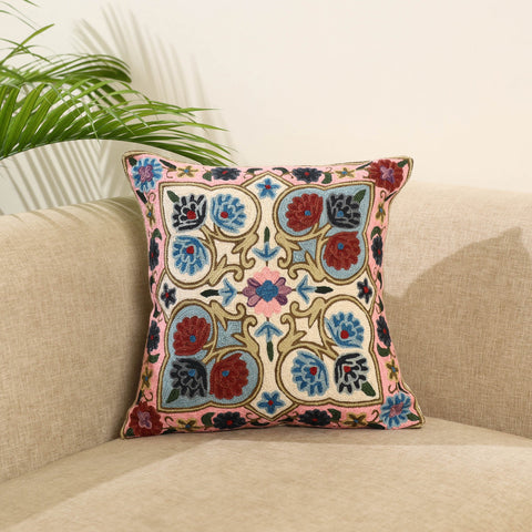 Multicolor Wool Thread Crewel Embroidery Cushion Cover