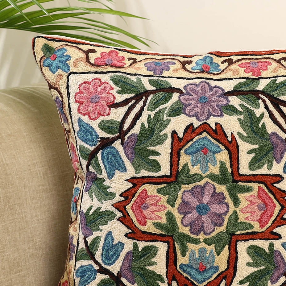Multicolor Wool Thread Crewel Embroidery Cushion Cover