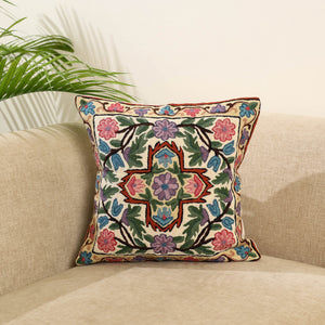 Multicolor Wool Thread Crewel Embroidery Cushion Cover