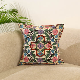 Multicolor Wool Thread Crewel Embroidery Cushion Cover