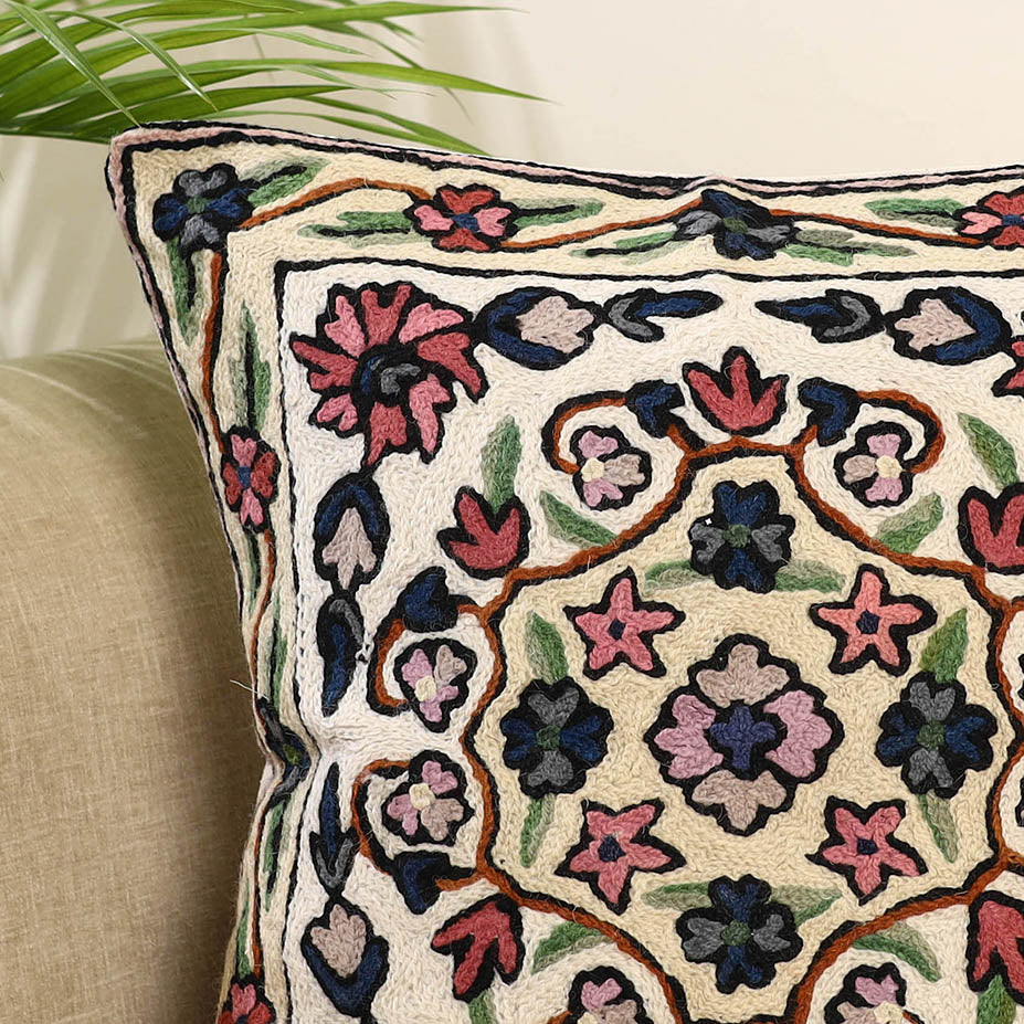 Multicolor Wool Thread Crewel Embroidery Cushion Cover