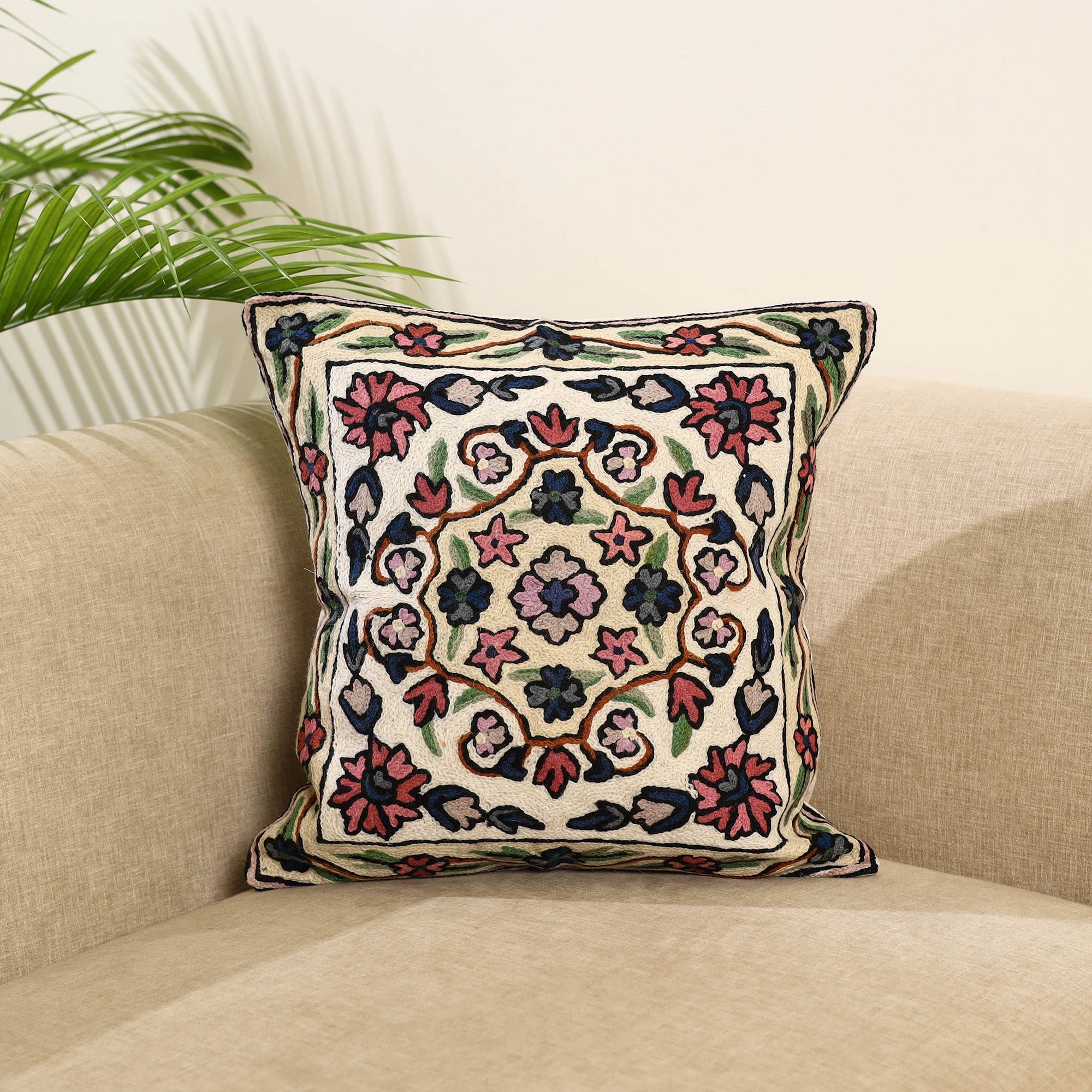 Multicolor Wool Thread Crewel Embroidery Cushion Cover