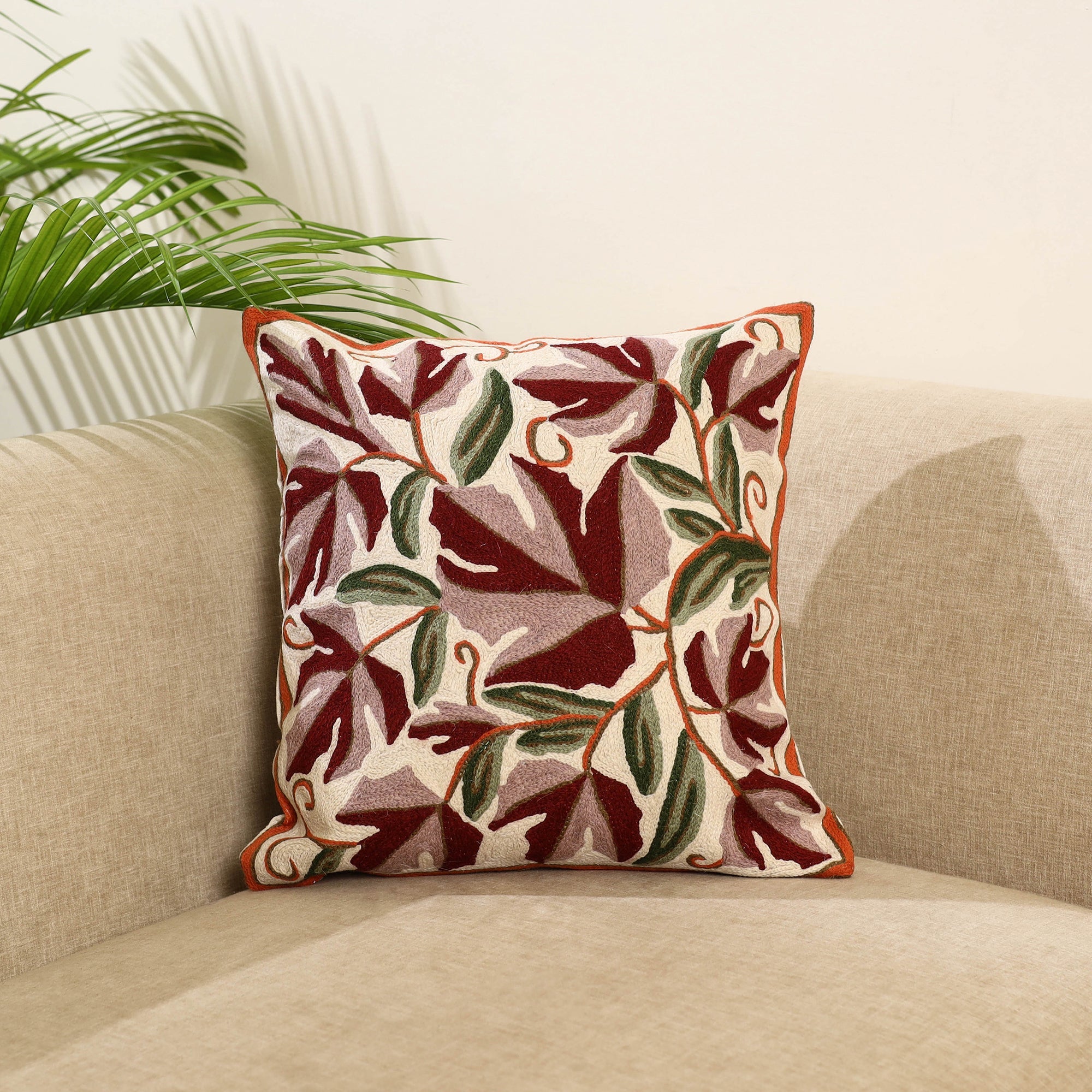 Multicolor Wool Thread Crewel Embroidery Cushion Cover