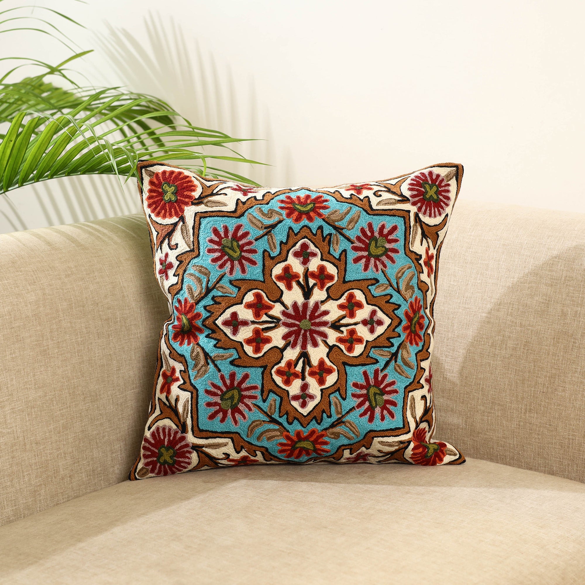 Multicolor Wool Thread Crewel Embroidery Cushion Cover