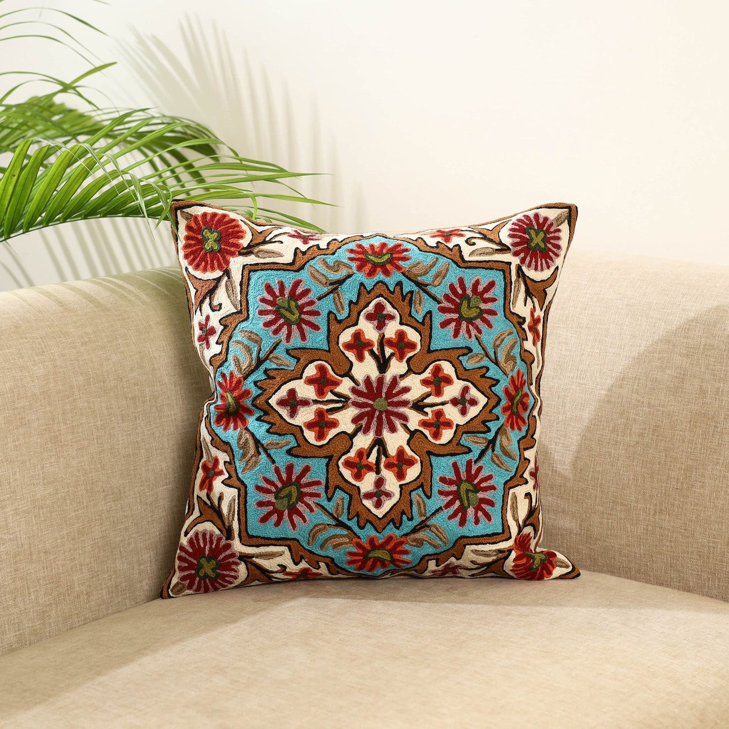 Multicolor Wool Thread Crewel Embroidery Cushion Cover
