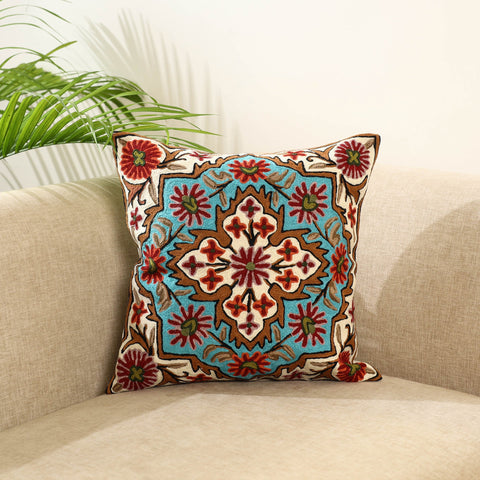 Multicolor Wool Thread Crewel Embroidery Cushion Cover