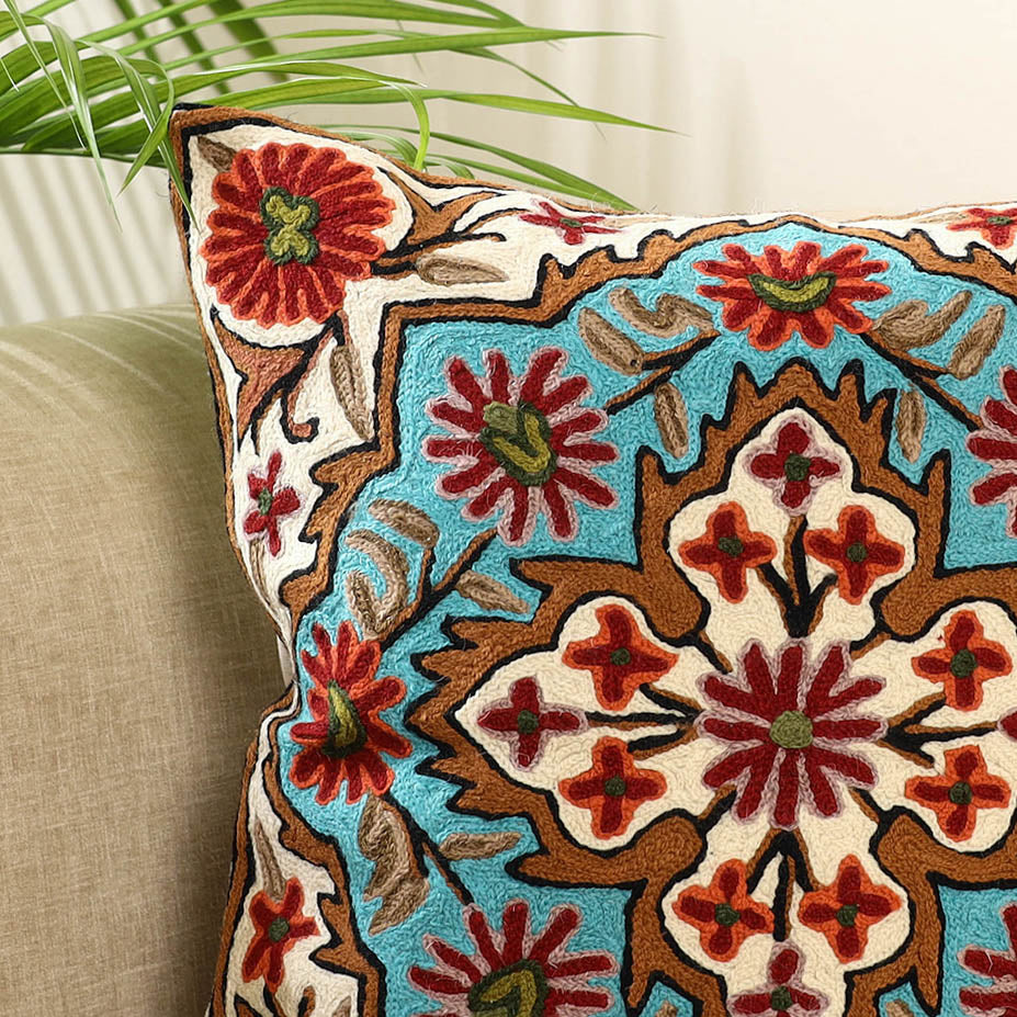 Multicolor Wool Thread Crewel Embroidery Cushion Cover