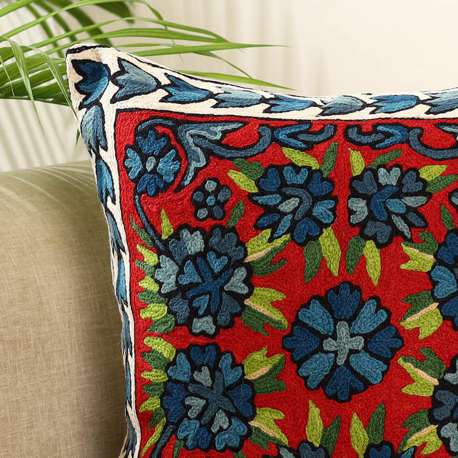 Multicolor Wool Thread Crewel Embroidery Cushion Cover