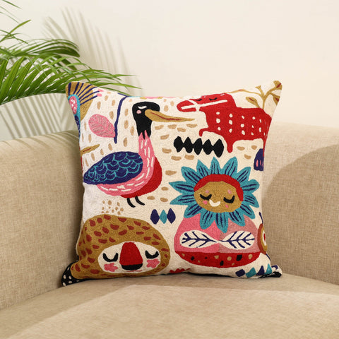 Multicolor Wool Thread Crewel Embroidery Cushion Cover