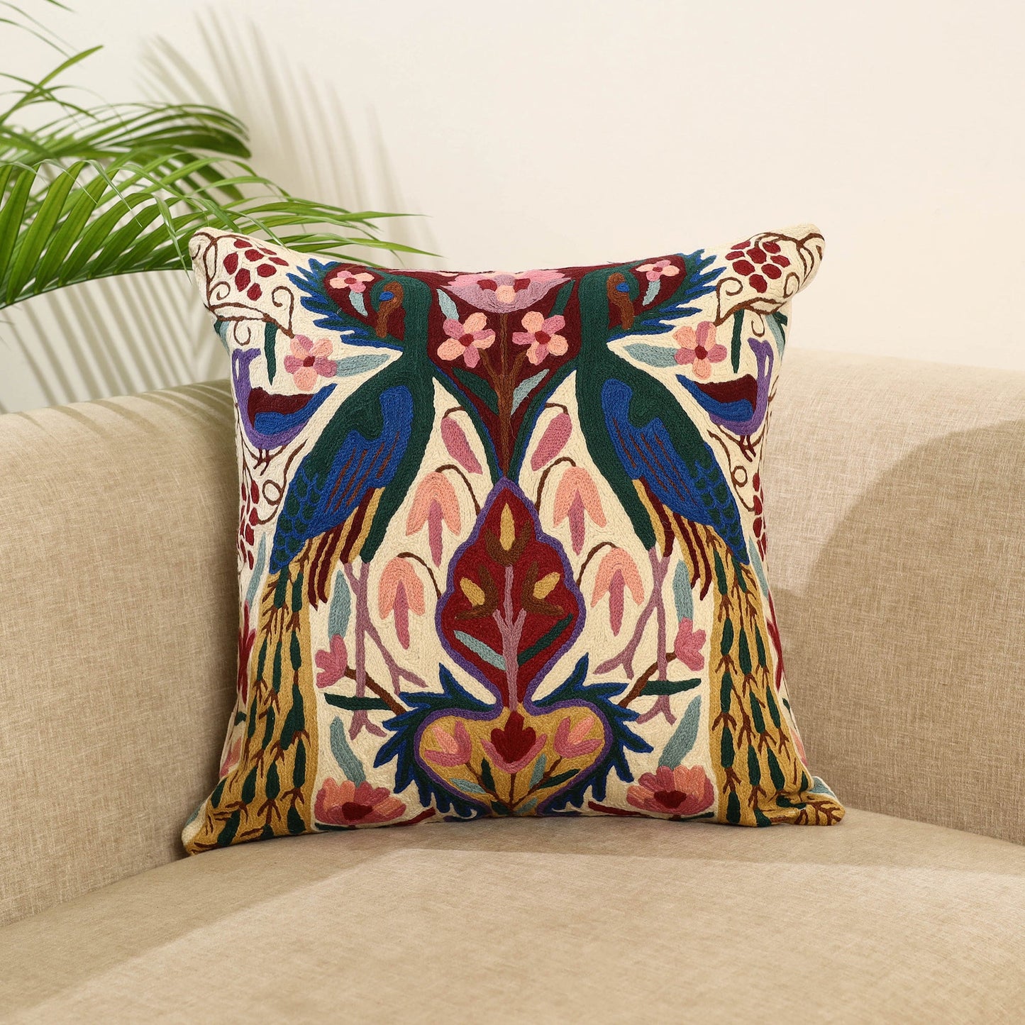 Multicolor Wool Thread Crewel Embroidery Cushion Cover