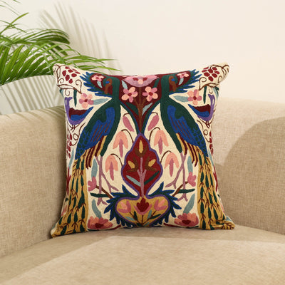 Multicolor Wool Thread Crewel Embroidery Cushion Cover