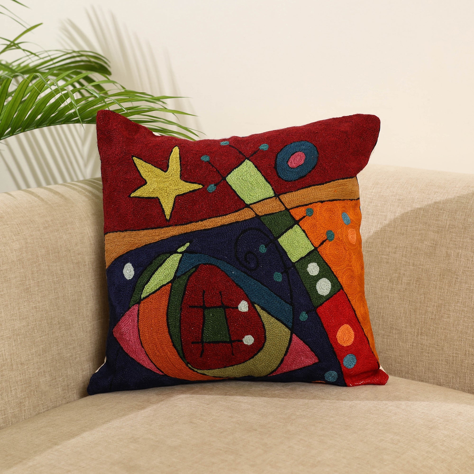 Multicolor Wool Thread Crewel Embroidery Cushion Cover