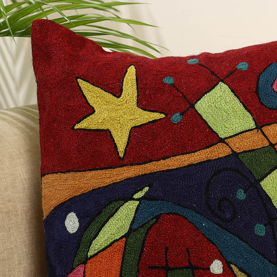 Multicolor Wool Thread Crewel Embroidery Cushion Cover