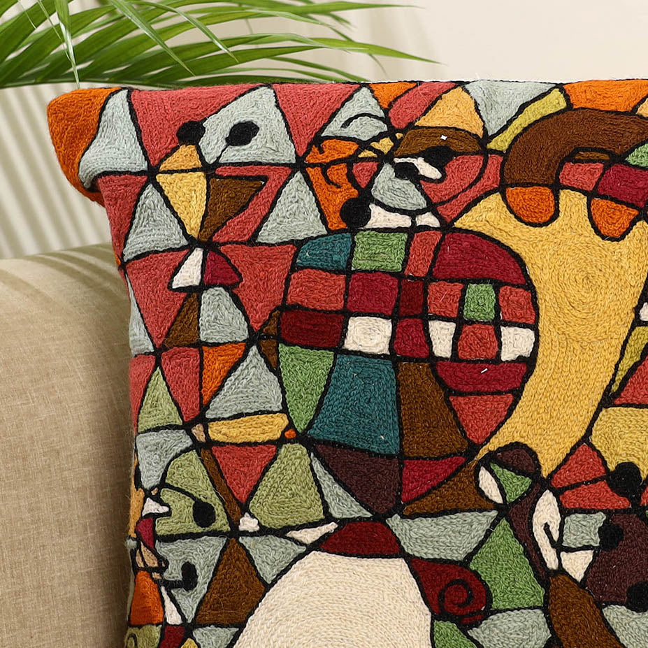 Multicolor Wool Thread Crewel Embroidery Cushion Cover