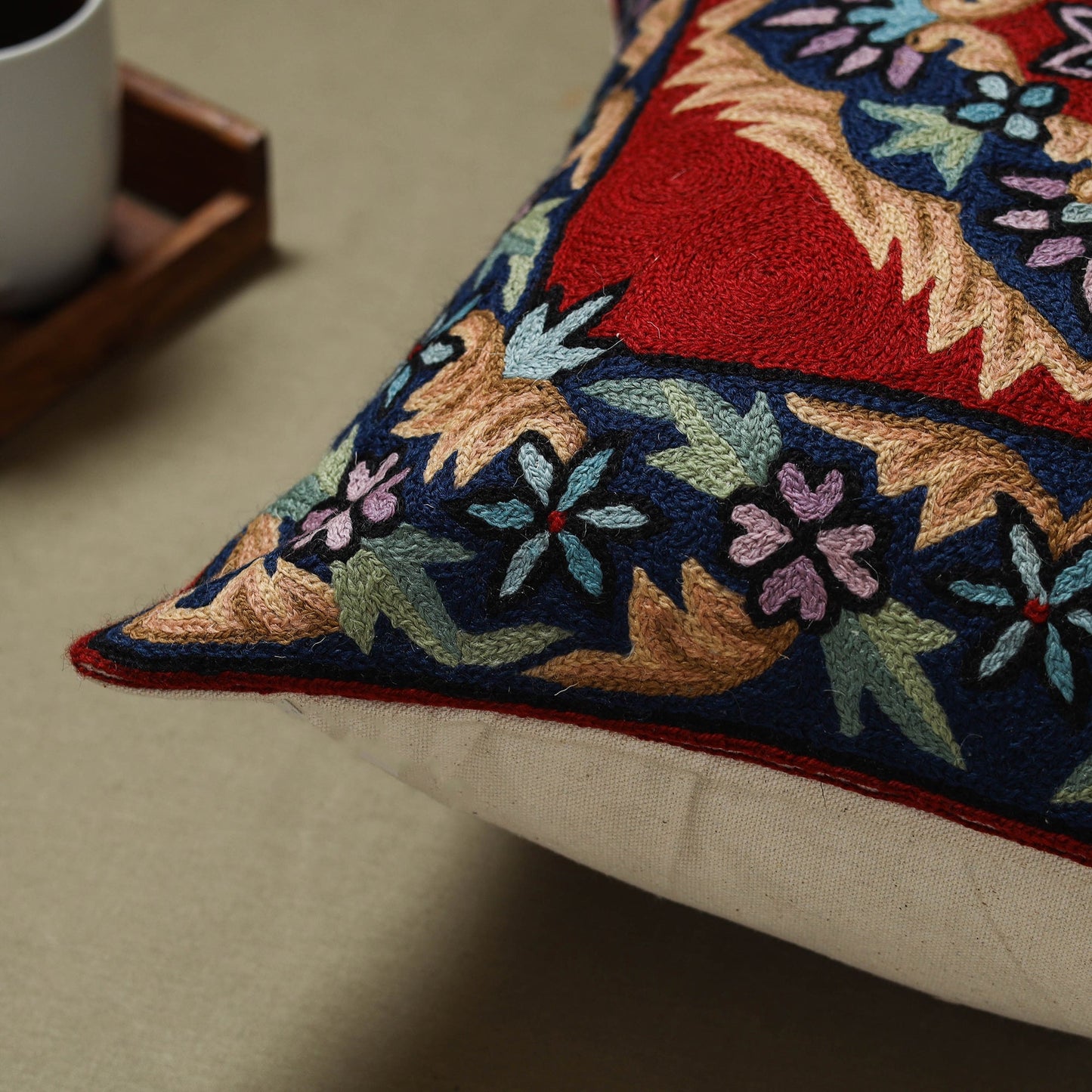 Multicolor - wool thread crewel hand embroidery cushion