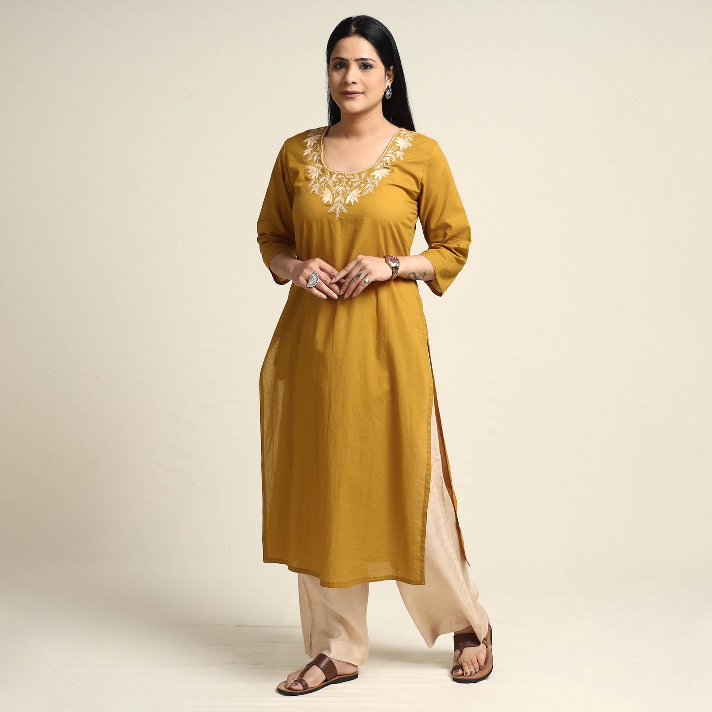  Plain Dyed Hand Embroidery Cotton Long Kurta 