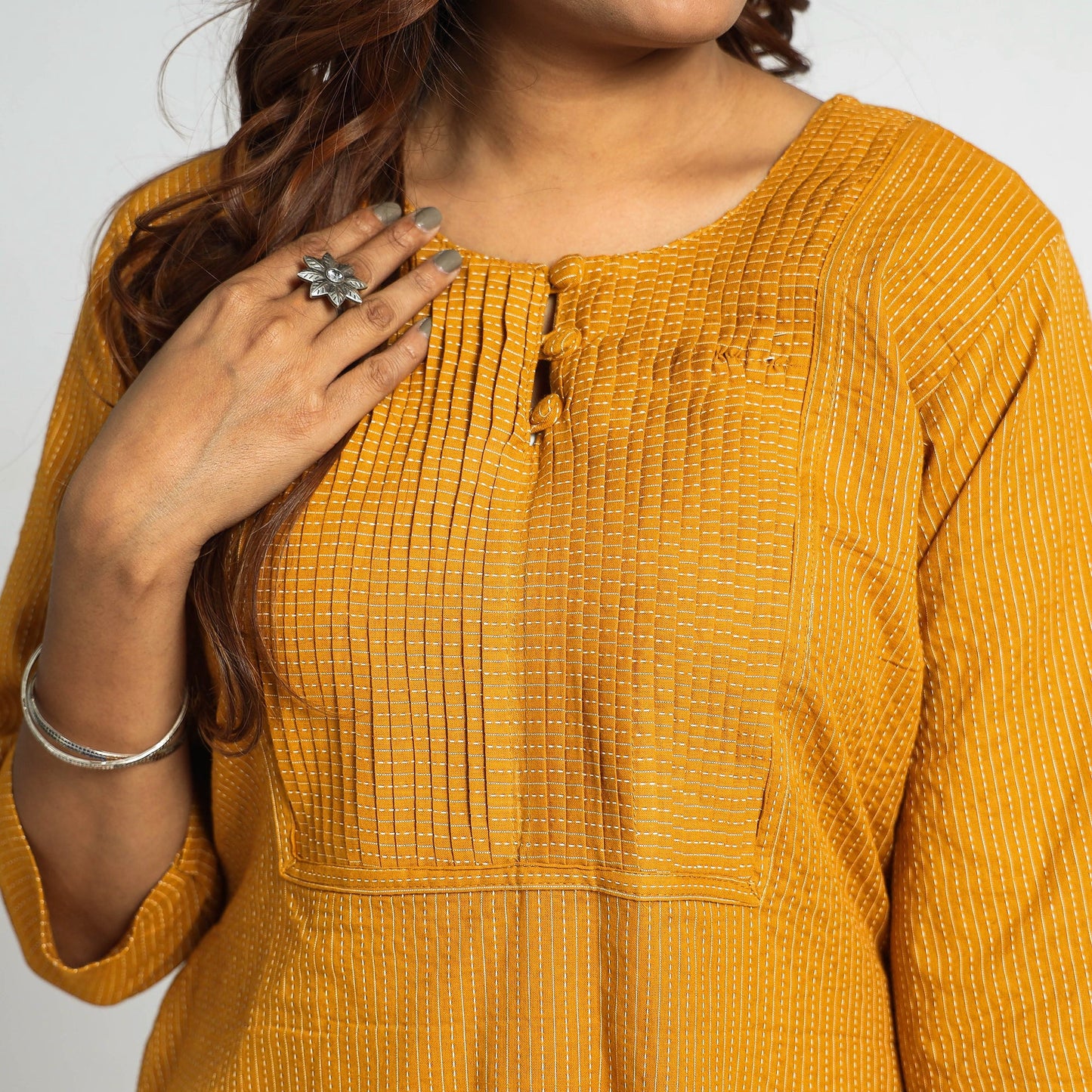 Mustard yellow - plain running stitch cotton pintuck long
