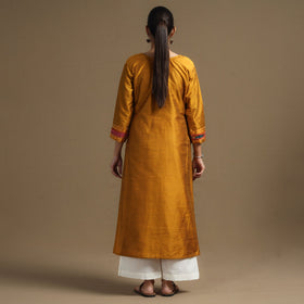  Plain Slub Silk Kurta with Ikat Patchwork 