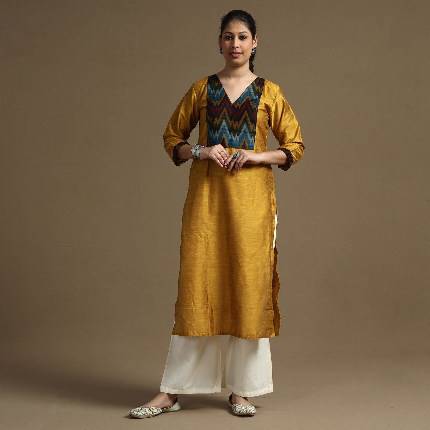  Plain Solid Slub Silk Straight Kurta for Women