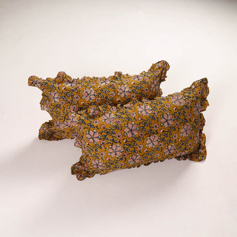 Mustard yellow - set of 2 bagru cotton frill pillow covers