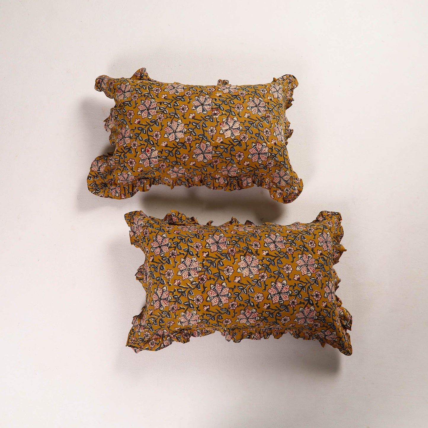 Mustard yellow - set of 2 bagru cotton frill pillow covers