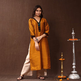  Mustard Yellow Silk Plain Long Kurta for Women