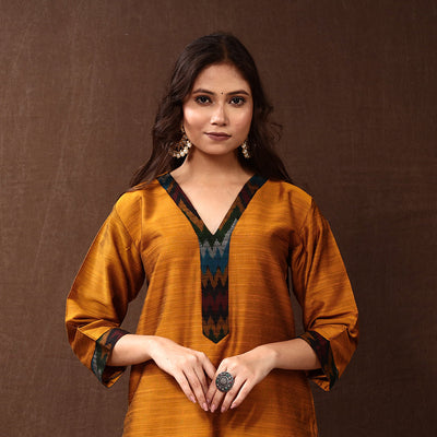  Mustard Yellow Silk Plain Long Kurta for Women