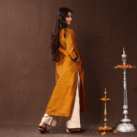  Mustard Yellow Silk Plain Long Kurta for Women