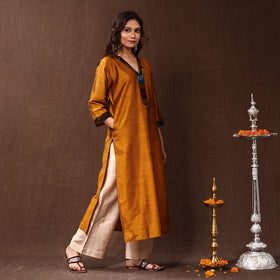  Mustard Yellow Silk Plain Long Kurta for Women