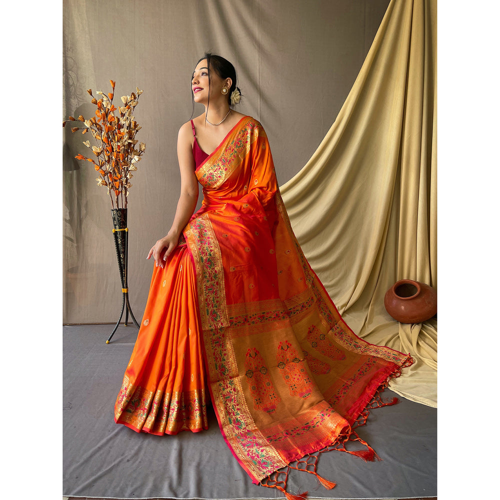 Orange - Paithani Mustard Paithani Silk Handwork Saree