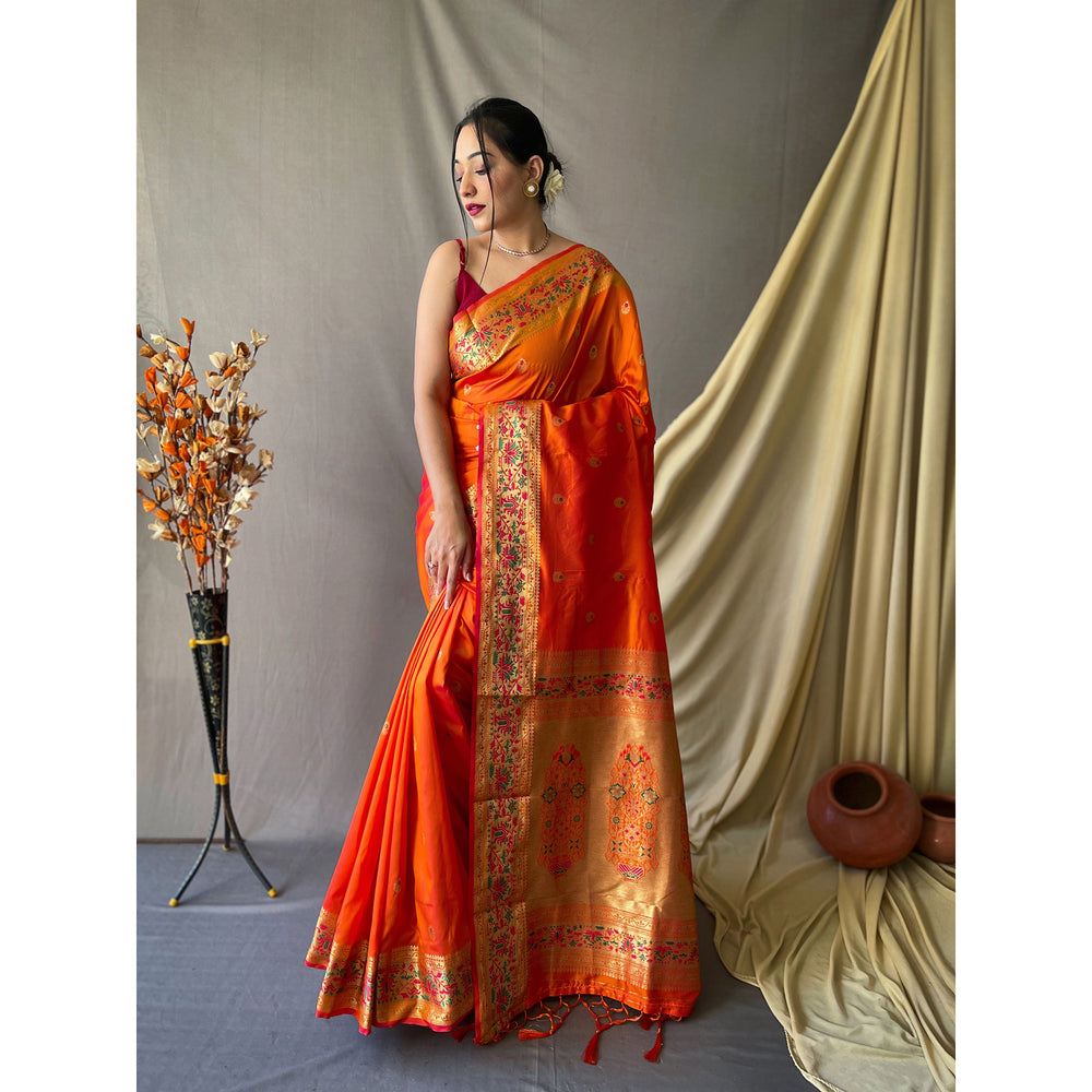 Orange - Paithani Mustard Paithani Silk Handwork Saree