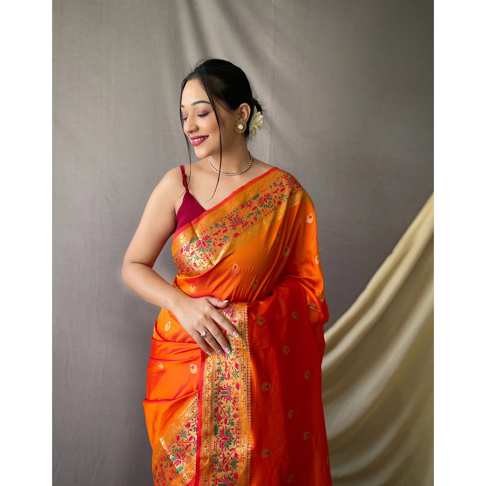 Orange - Paithani Mustard Paithani Silk Handwork Saree