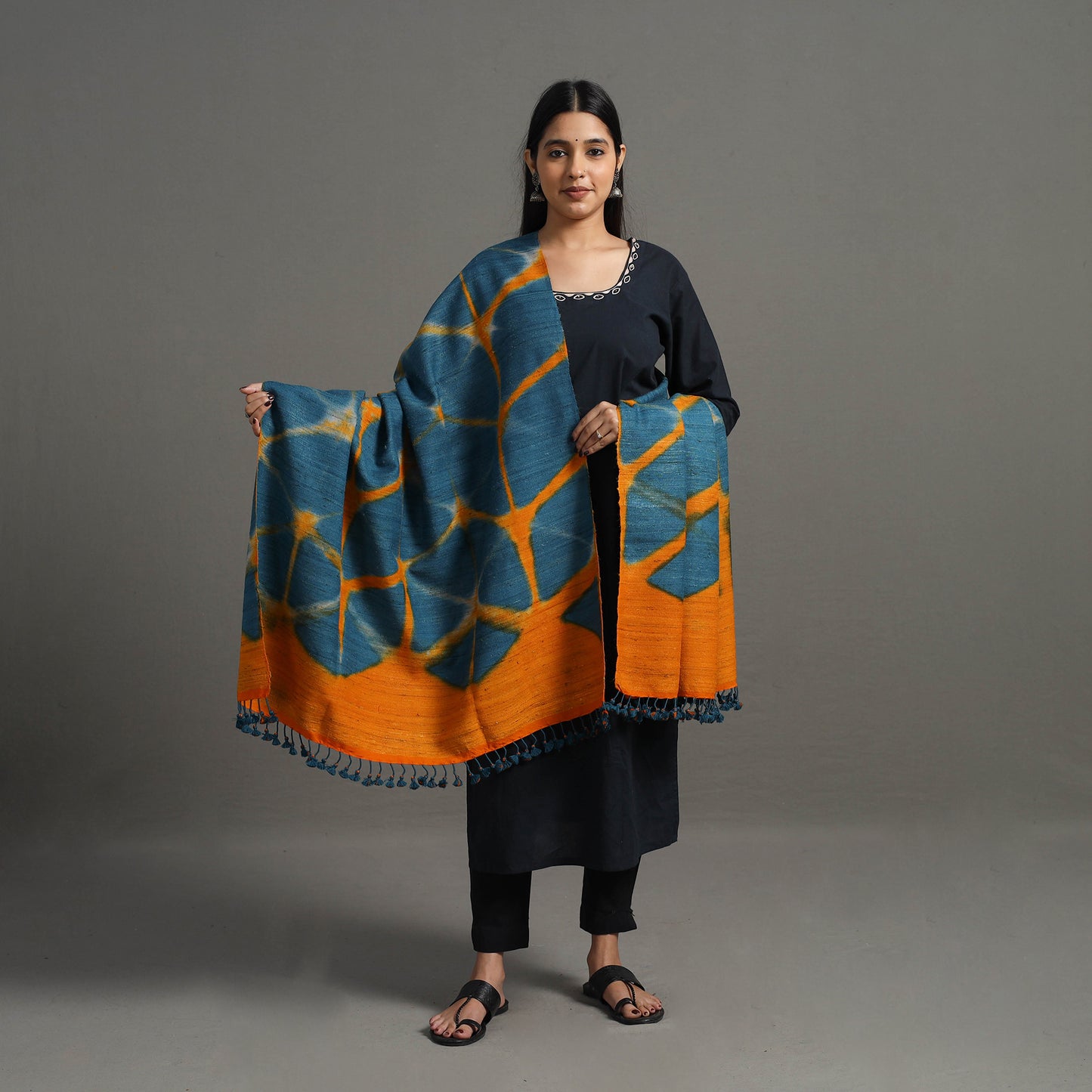 Blue - Kutch Handwoven Clamp Dyed Shibori Silk x Woolen Shawl 21