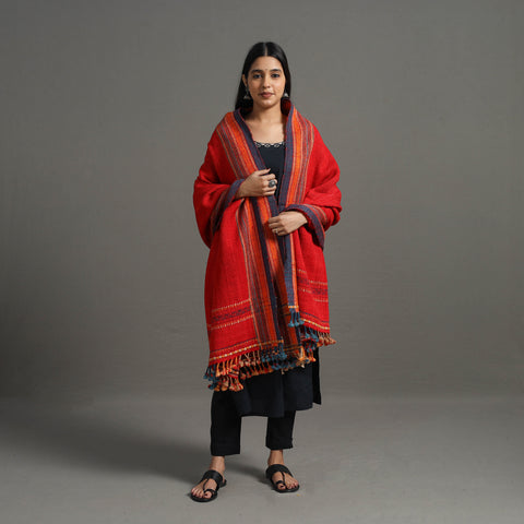 Red - Kutch Handspun Handwoven Desi Woolen Shawl 17