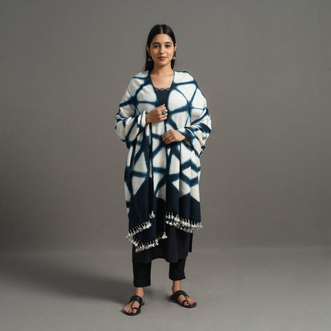 White - Kutch Handwoven Clamp Dyed Shibori Silk x Woolen Shawl 25