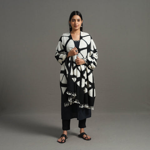 Black - Kutch Handwoven Clamp Dyed Shibori Silk x Woolen Shawl 26