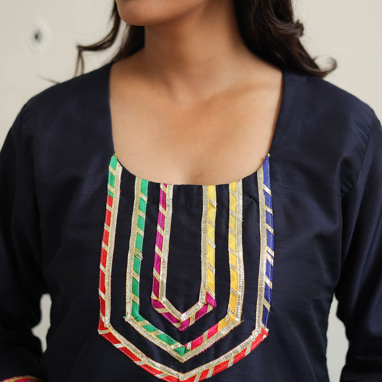 Naaz Navy Blue Gota Work Slub Silk Plain Kurta for Women