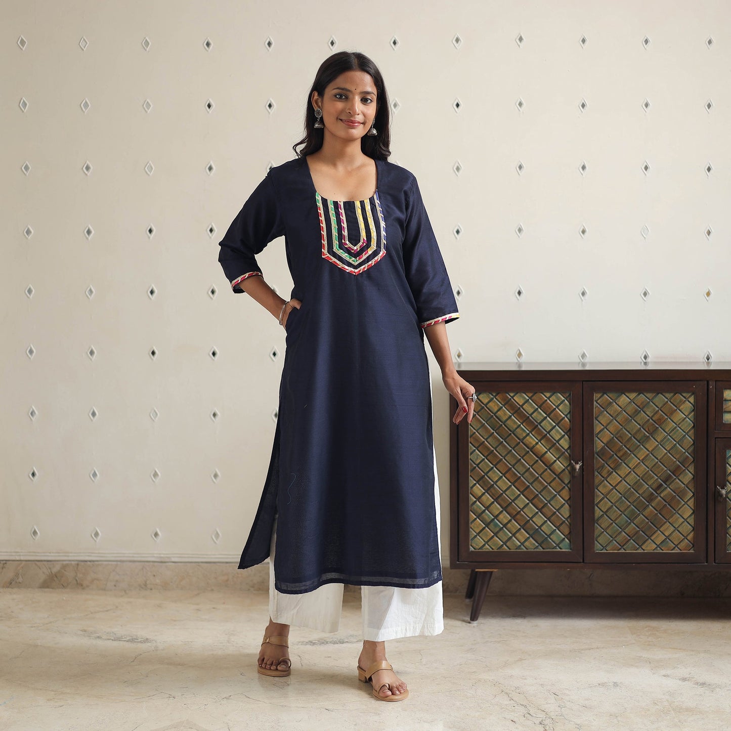 Naaz Navy Blue Gota Work Slub Silk Plain Kurta for Women