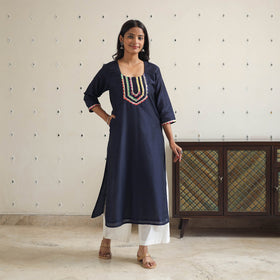 Naaz Navy Blue Gota Work Slub Silk Plain Kurta for Women