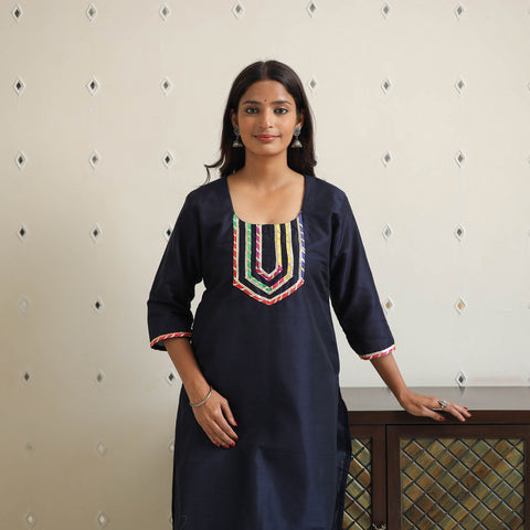 Naaz Navy Blue Gota Work Slub Silk Plain Kurta for Women