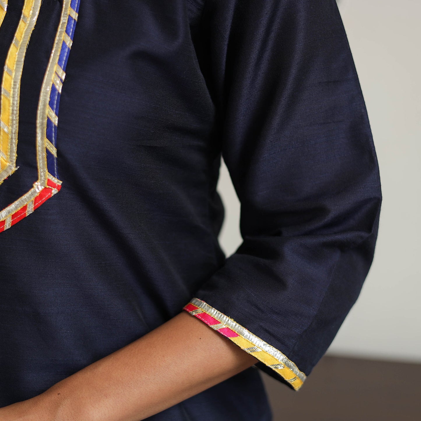 Naaz Navy Blue Gota Work Slub Silk Plain Kurta for Women