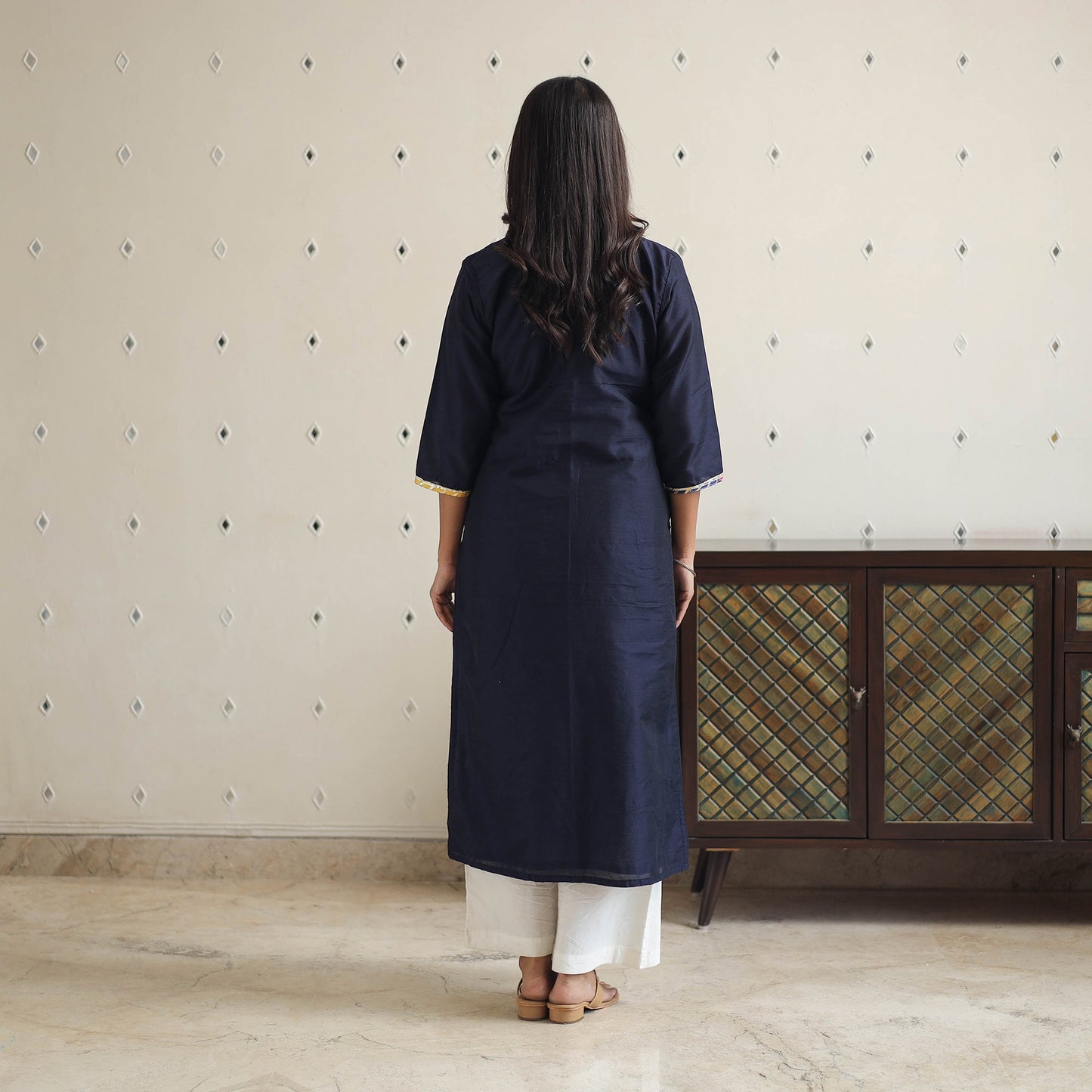 Naaz Navy Blue Gota Work Slub Silk Plain Kurta for Women