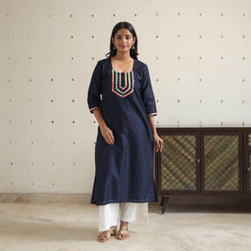 Naaz Navy Blue Gota Work Slub Silk Plain Kurta for Women