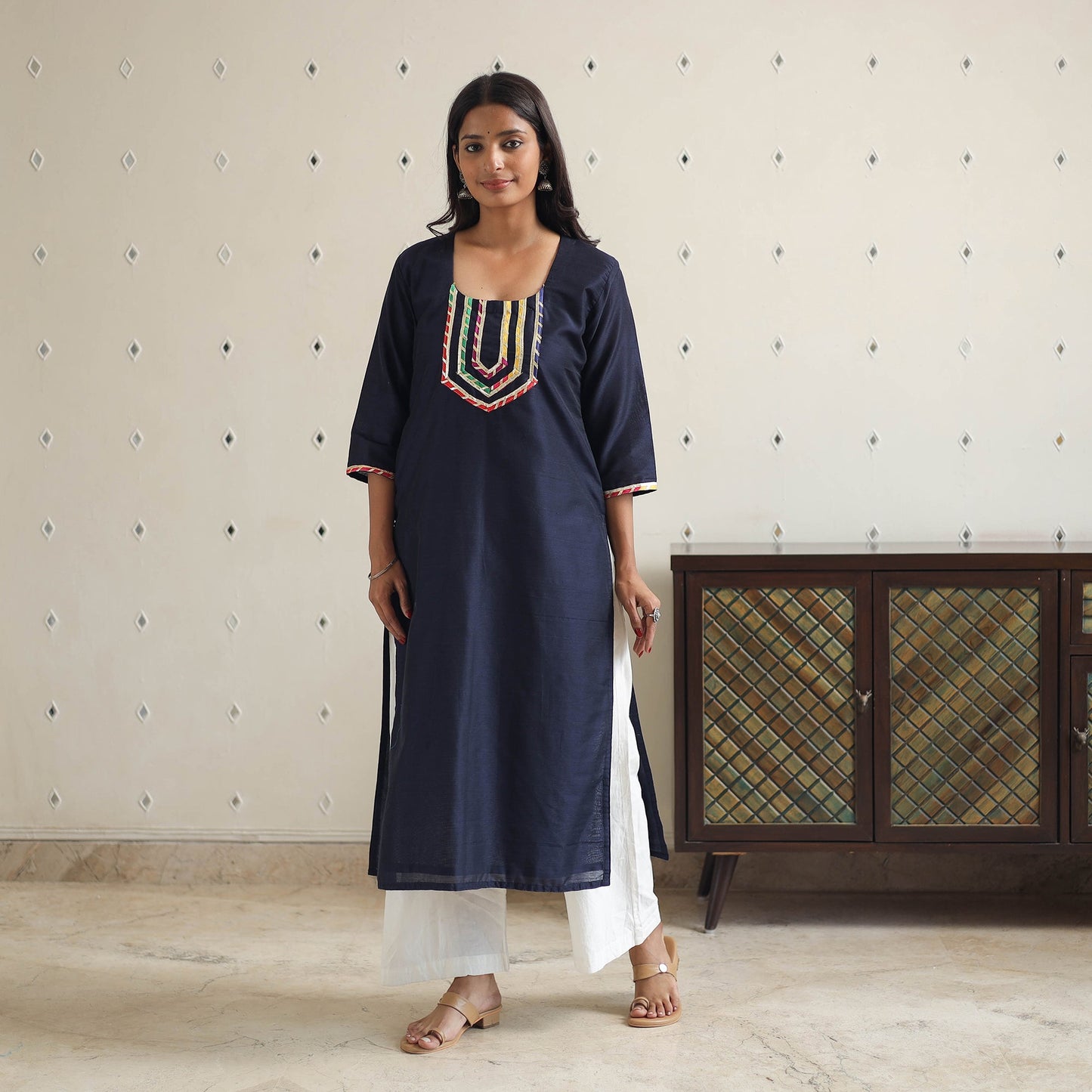 Naaz Navy Blue Gota Work Slub Silk Plain Kurta for Women