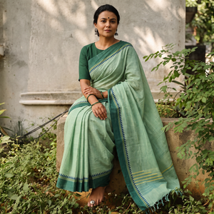 Green Narayanpet Checks Pure Handloom Cotton Saree, draped and worn by a woman, AI visual of the saree, iTokri