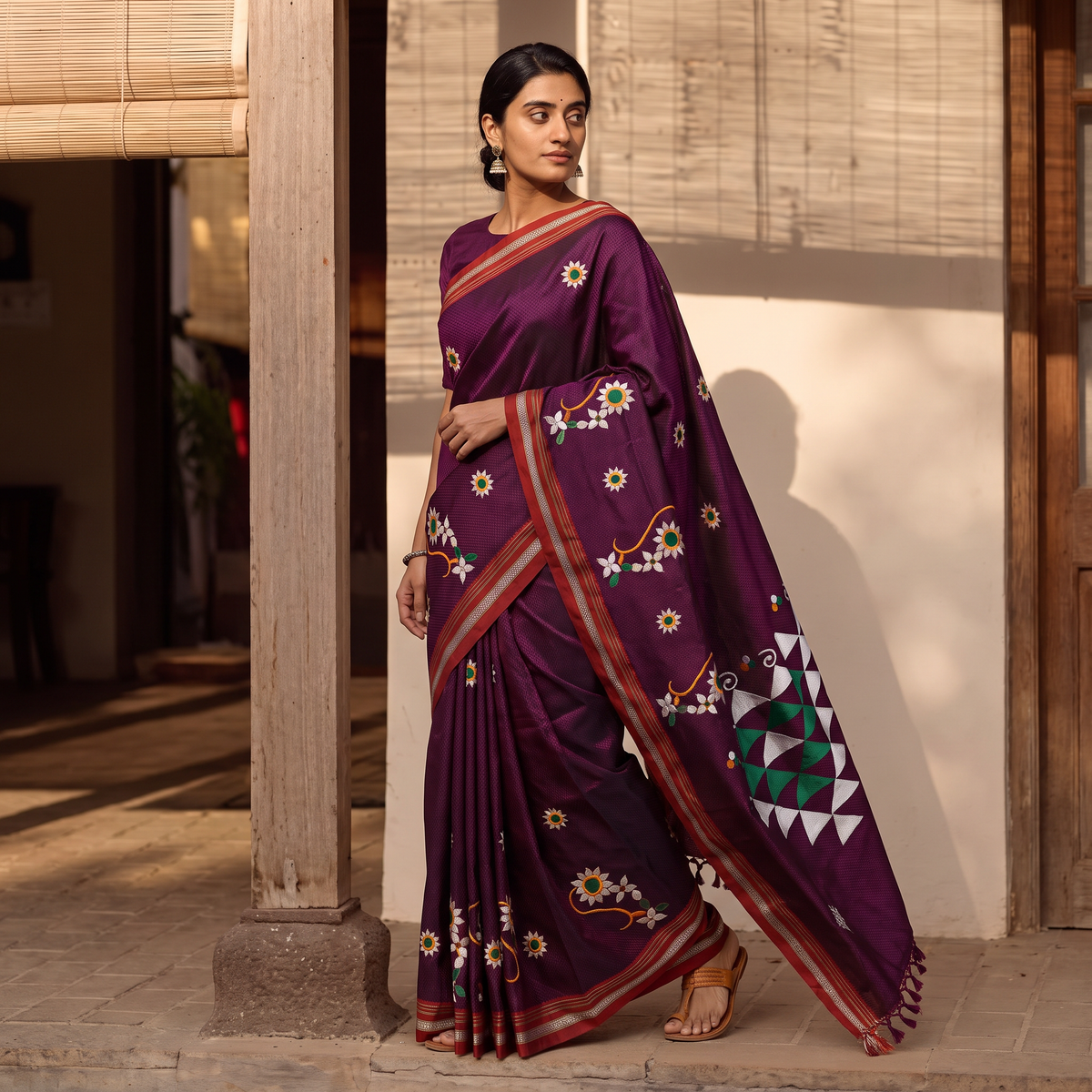 Purple Nath Work Silk Cotton Khun Saree, draped and worn by a woman, AI visual of the saree, iTokri