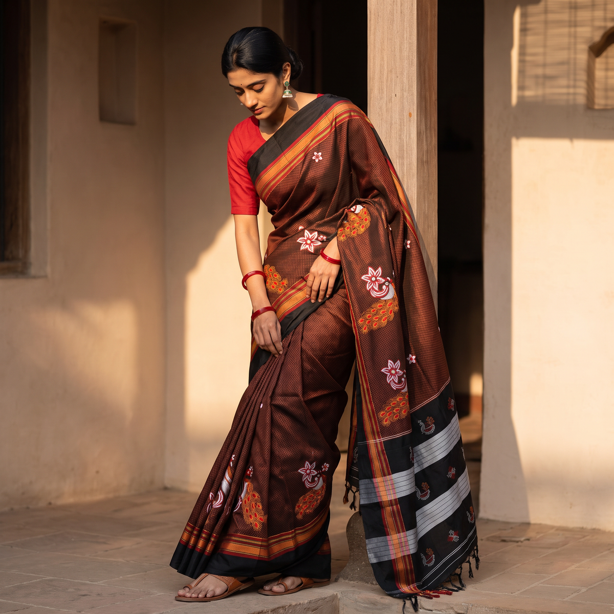 Brown Nath Work Silk Cotton Khun Saree, draped and worn by a woman, AI visual of the saree, iTokri