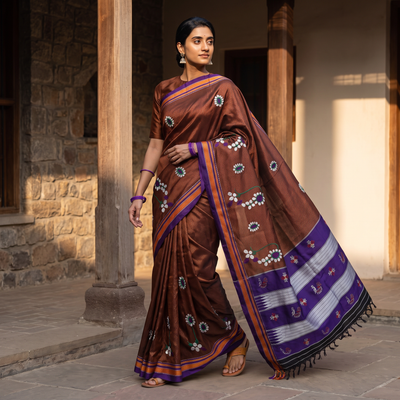 Brown Nath Work Silk Cotton Khun Saree, draped and worn by a woman, AI visual of the saree, iTokri